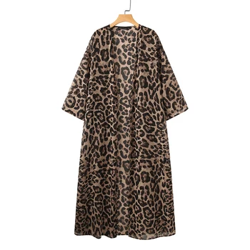 ZANZEA Femei Deschise Față de Maneca 3/4 Bluza Casual Boem Leopard Imprimate Bluza Kimono de Vară pe Plajă Cardigan Vintage Topuri Lungi