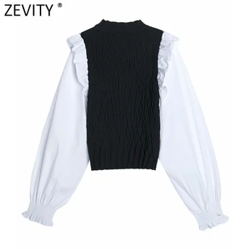 Zevity Femei Vintage Puff Maneca Mozaic Scurt Subțire de Tricotat Bluza Femme Volane Elastic Bluza Kimono Roupas Topuri Chic LS9069