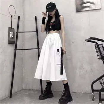 2021 New High Waist Loose A-line Cargo Skiets Chain Side Ring Pocket Midi Long Black Skirt Hip Hop Streetwear Harajuku Over Size