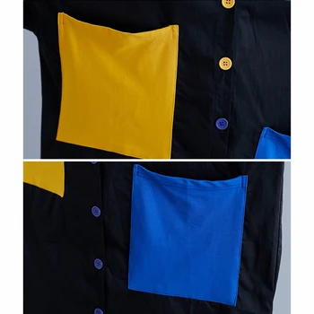 2021 Primavara Toamna Vintage Plus Dimensiune Neregulate Bluza Femei Culoare Lovit Buzunar Casual Cu Maneci Lungi Tricou Vrac Haine Femei Topuri