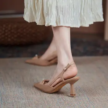 ALLBITEFO Fold design stiletto moale din piele tocuri înalte de moda stradă sandale femei tocuri pantofi de vară pentru femei sandale