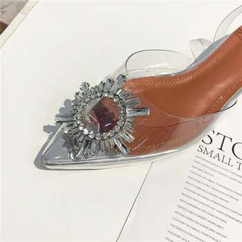 Clar PVC Transparent Plat Sandale cu Toc Femeilor Punct de Deget de la picior Cristal Stras de Floarea-soarelui Catarama Decor Pantofi de Vara