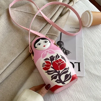 Femei Fete Păpuși Cuiburi rusă Imprimare Bag PU Piele Crossbody Telefon Saci de Umăr Suport Card Husa Caz Pungă Portofel