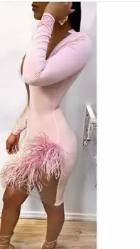 Femei Iarna Stil Sexy Cu Maneci Lungi Pene Mesh Roz Bodycon Bandaj Rochie 2020 Elegant Petrecere De Seara, Rochie De Club Vestidos