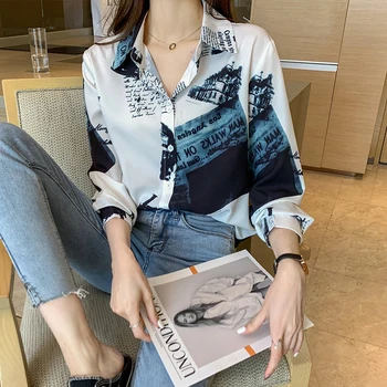 Femei Șifon Bluza Casual Moda de Imprimare Maneca Lunga Bluze Elegante Slim Turn-Dow Guler blusas mujer de Îmbrăcăminte