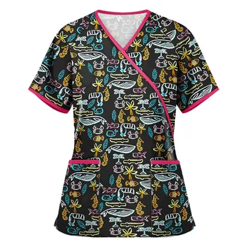 Femeile Chier Dimensiune Animal Print Casual Short Sleeve V-neck Top de Vară 2021 Femei tricou Subțire Asistenta Uniformă camisetas de mujer