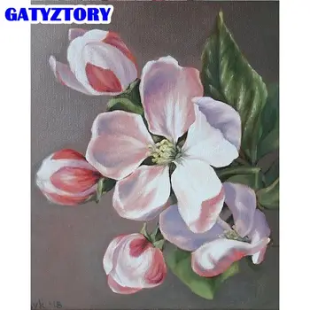 GATYZTORY 40x50cm Rama Tablou De Numere 40x50cm Rama Roz Floare Albă Imagine Număr Handmade, Decor Acasă opera de Arta