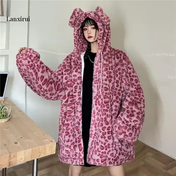 Harajuku Calde De Iarnă Pentru Femei Pink Leopard Imprimate Strat De Streetwear Fete Catifea Lână Vrac Se Ingroase Feminin Uza Haina