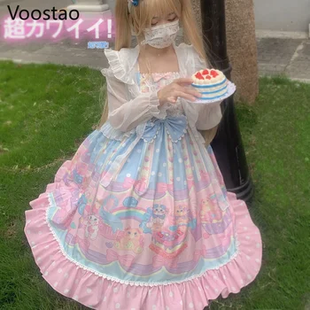 Japoneză Dulce Lolita Jsk Femei Rochie De Epocă Victoriană Desert De Casa Papusa Print Fete Dantela Fără Mâneci Arc Printesa Rochie De Petrecere