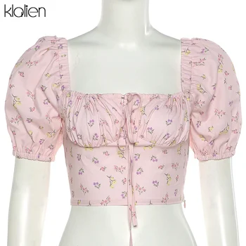 KLALIEN Femei de Vara Floral Elegant Arc Bandaj Piața Collar Manșon de Puf Bluze 2021 Nou Birou Doamnă Subțire Șifon Cămașă cu Fermoar