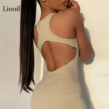 Liooil Negru Kaki Fara Spate Fantă Rezervor Rochie Lunga Pentru Femei De Vară 2021 Fără Mâneci O Gâtului Gol Afară De Petrecere Sexy Bodycon Rochii Maxi