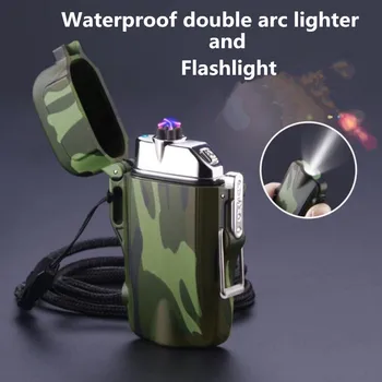 Mini Lanterna si USB de Încărcare Dublu Arc Bricheta Windproof Impermeabil cu Plasmă Bricheta Pentru Camping în aer liber de Sport