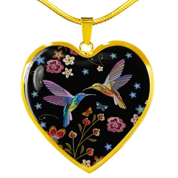New Sosire Colibri Pictura Inima Pandantiv Colier Frumusete Păsări cu Flori de Bijuterii Inima Coliere