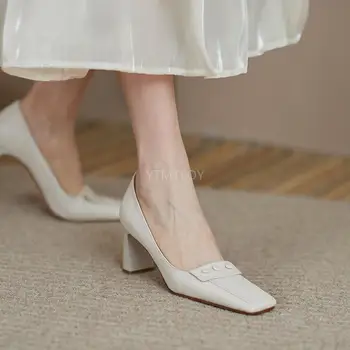 Pantofi Femei Pompe Tocuri Inalte Designer De Primavara Din Piele De Bază De Partid Square Toe Toc Pătrat Slip-On Zapatos Rojos Mujer
