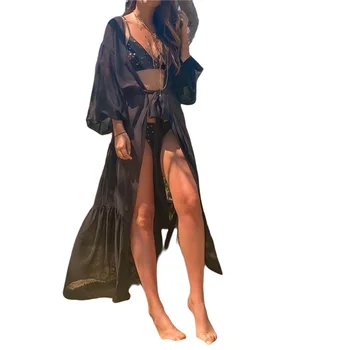 Pe Plajă feminin Rochie de Culoare Solidă Maneca Lunga dintr-O Bucata Bikini Acoperă cu Centura de Talie pentru Femei Black S/M/L/XL Costume de baie de Acoperire-Up-uri