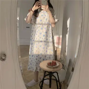 QWEEK Bumbac, Pijamale coreean Albastru de Imprimare Florale Rochie de Noapte Femei de Vară 2021 cămașă de noapte Lungă cămașă de noapte Drăguț Rochie de Dropshipping