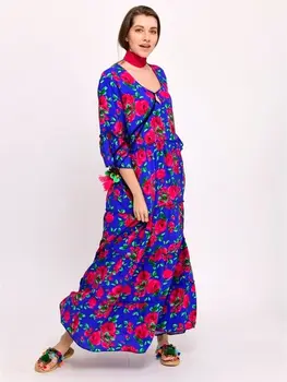 Tasseled Guler Albastru Roz Culoare Rose Model Lung Boho Dress 2021 Noua Moda Stil Boem Autentic de Îmbrăcăminte pentru Femei