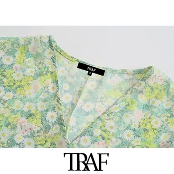 TRAF de Moda pentru Femei Florale Imprimare Trunchiate Folie Bluze Vintage Maneca Trei Sferturi Cravată Talie de sex Feminin Tricouri Topuri Chic