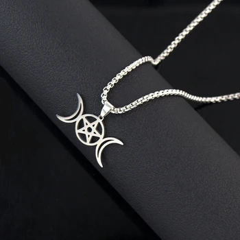 Tripla Zeita Lunii Pandantiv Pentru Femei Barbati Pentagrama Wicca Magice Supranaturale Amuleta Coliere Bijuterii Din Oțel Inoxidabil
