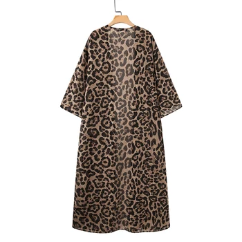 ZANZEA Femei Deschise Față de Maneca 3/4 Bluza Casual Boem Leopard Imprimate Bluza Kimono de Vară pe Plajă Cardigan Vintage Topuri Lungi