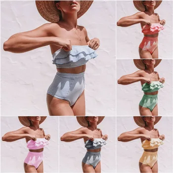2019 Sexy Femei cu Dungi Ciufulit Talie Mare de costume de Baie de Pe Umăr Bikini Costume de baie Bikini set costum de Baie Monokini Biquini
