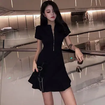 2020 Nouă Femei Ciufulit Rochie Neagră Zip Black Dress Woman Dress Vestido De Mujer Femme Halat