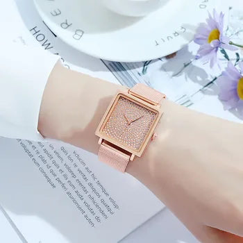 2021 Doamnelor ceasuri reloj mujer de Moda Diamant Pătrat Scară de Plasă din Aliaj Band Cuarț Ceasuri de mana Zegarek Damski montre femme