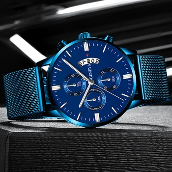 2021 Moda pentru Bărbați de Afaceri Calendar Ceasuri Barbati de Lux Albastru Plasă din Oțel Inoxidabil Curea Analog Cuarț Ceas relogio masculino