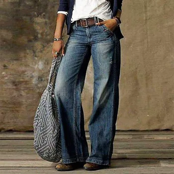 2021 Primavara Retro Blugi Drepte Pantaloni 5XL Femei de Moda Toamna Print Pantaloni Largi Picior Liber Casual Denim Pantaloni Lungi Streetwear