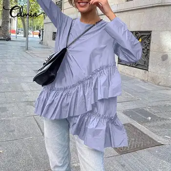 Celmia Topuri Elegante Femei Maneca Lunga Bluze Asimetrice Gât Rotund Elegant Volane Top Casual Tunica Blusas Femme
