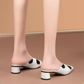 Coreene Noi Femeile Bloc Toc 4.5 CM Papuci de casă Puncte Catâri Gheare Feminino Doamnelor din Piele Pu Subliniat Toe Chaussure Jumătate Slide Pantofi