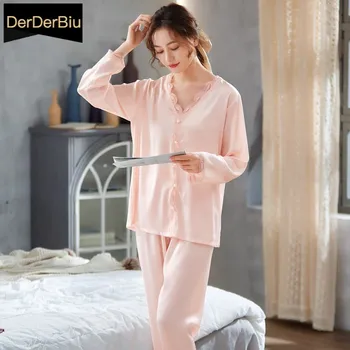 Dantela Sleepwear Sexy Femei din Satin Pijamale Fete Maneca Lunga Topuri+Pantaloni Butoane Perla Pijama Femei Casual Uzura Acasă Pijamale