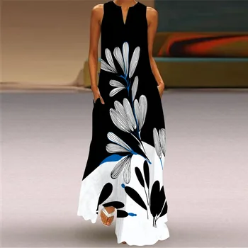 Doamnelor de Vara Rochie Lunga Sexy V-Neck fără Mâneci Imprimate 3D Rezervor Rochie Retro Floral Plus Dimensiunea Femei Vrac Rochii de Plajă Vestidos