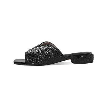 ESVEVA 2021 Femei Sandale Piele Toc mic Patrat de Cristal Rotund Toe Alunecare Pe Sandale Talpa Moale Pantofi Mărimea 34-41