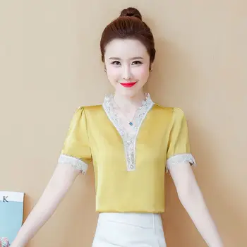 Femei Primavara-Vara Stil Șifon Bluze Tricou Femei Culoare Solidă V-neck Maneca Scurta Eleganta din Dantela Mozaic Topuri SP144