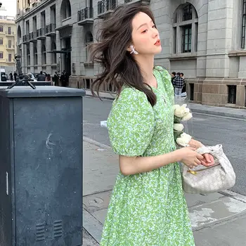 Femei rochie Floral Dulce Sundress Vară Manșon de Puf de Epocă Temperament Subțire O-linie Zână de Moda Brodate rachete de Semnalizare Retros Ins