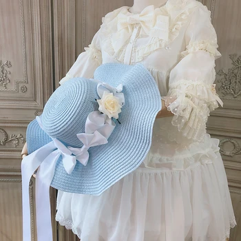 Franceză Vinatge Dulce Lolita Pălărie de Paie Elegant Printesa Tea Party pe Plajă Capac Mori Fată Mare Arc de Flori palarie de Soare Frizură Manual