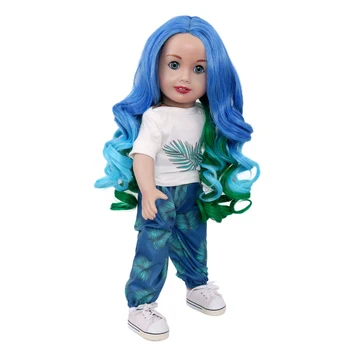 MUZIWIG 18 inch American Doll Peruca de Păr Gradient Albastru Verde Parul Lung Ondulat Papusa Accesorii de Înaltă Rezistente Ondulat Peruca Pentru Papusa