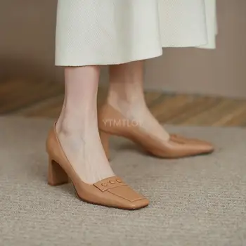 Pantofi Femei Pompe Tocuri Inalte Designer De Primavara Din Piele De Bază De Partid Square Toe Toc Pătrat Slip-On Zapatos Rojos Mujer
