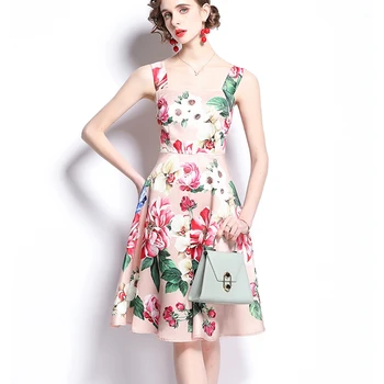 Pista de Vară Rochie de Femei franceze Retro Gât Pătrat Print Floral Suspensor Rochie Noua Moda Feamle Rochii