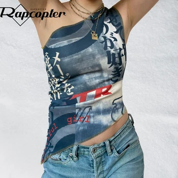 Rapcopter Asimetric Top Corset Vintage Print y2k Crop Top fără Mâneci Goth Negru Camis Femei de Vară de Moda Harajuku Tee Veste