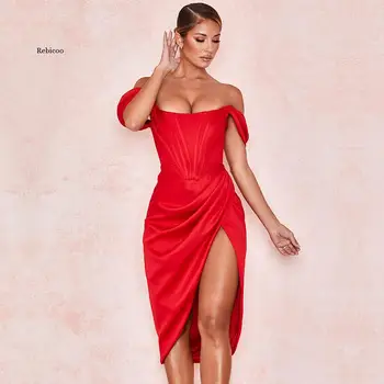 Sexy Petrecere de Nunta Rochii pentru Femei Elegante de Pe Umăr Tăiat Corset Satin Rochie Midi Ziua Robă Roșie Costume de Pânză