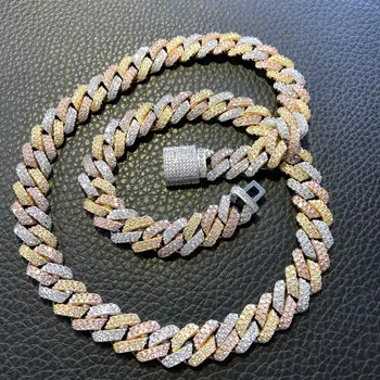 Trei-Ton Dinte cubanez lanț de Link-ul lanț Cravată (12mm) în Rose/galben/Aur Alb