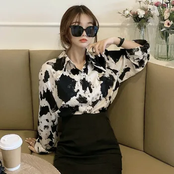 Tricouri Femei Vintage Vaca-print Chic cu Maneca Lunga Retro Moale All-meci Simplu Doamnelor Topuri de Bază la Modă de sex Feminin coreeană Haine de Toamna