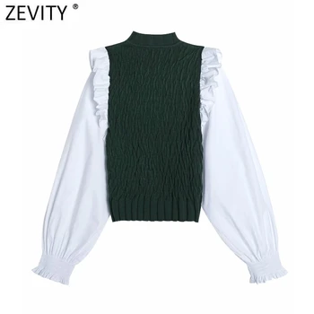 Zevity Femei Vintage Puff Maneca Mozaic Scurt Subțire de Tricotat Bluza Femme Volane Elastic Bluza Kimono Roupas Topuri Chic LS9069
